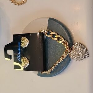 Rainbow Goldplated Earrings & Bracelet Set With Rhinestone puff heart NWT
